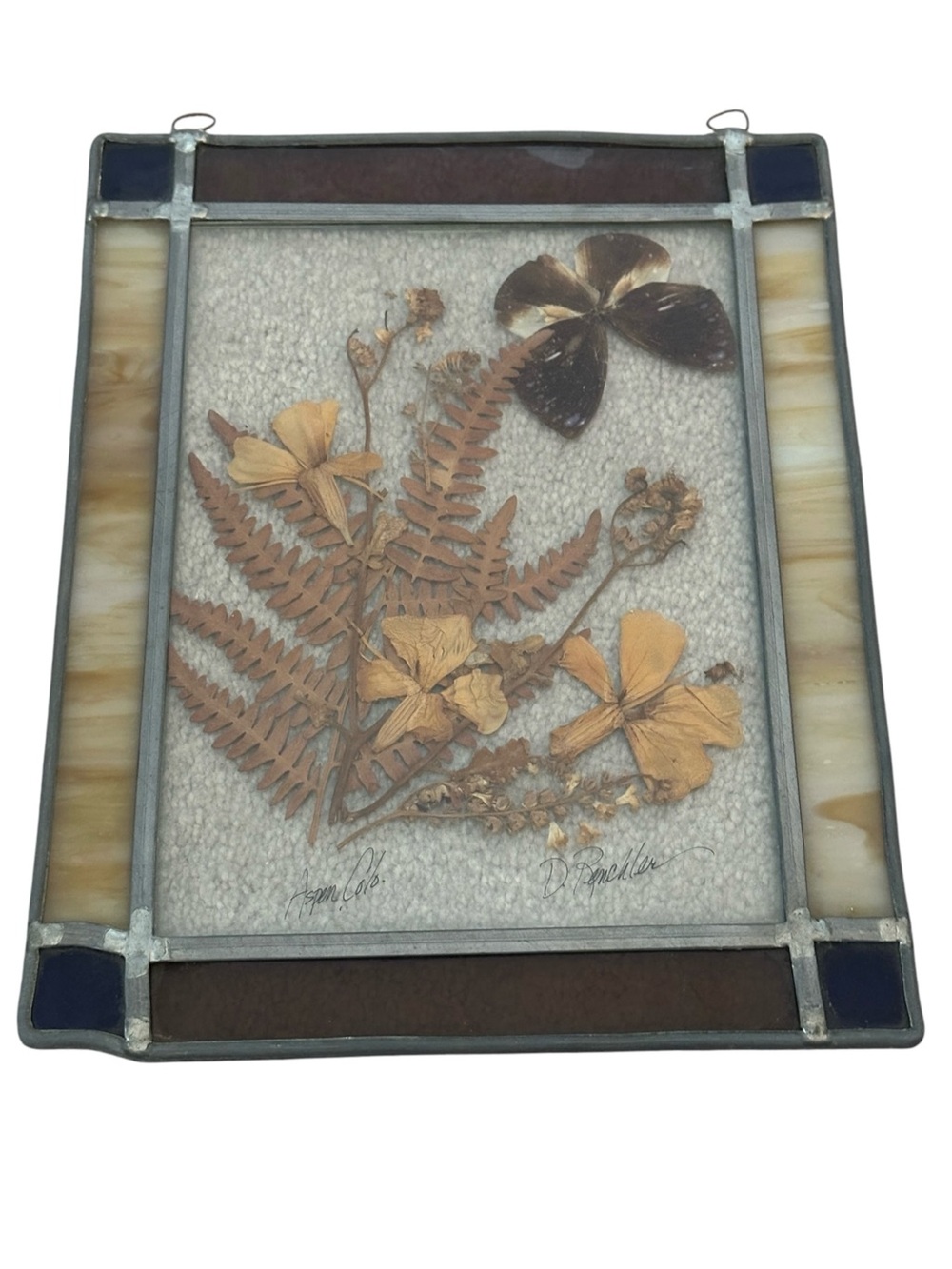 Vtg Stained Glass Leaded Hanging Panel W/ Dried Flowers Butterfly Center 11"